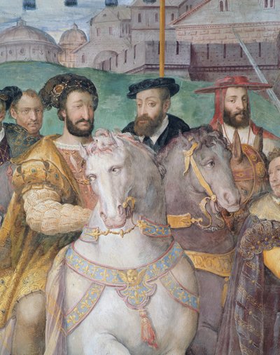 (detail) The Solemn Entrance of Emperor Charles V, Francis I and Alessandro Farnese to Paris in 1540, from the Sala dei Fasti Farnese by Taddeo Zuccari